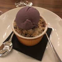 Plum fruit warm crumble with blueberry ice cream (vegan & gluten free) at Cantina don Camillo in Basel