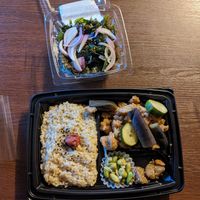 Bento box w/ soymeat, veggies and rice. And a Seaweed salad w/ red onions at Weller in Tokyo