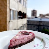 🍒 Raw vegan cherry cashew cake with walnut chocolate base is a delicate berry cheesecake on a crispy chocolate biscuit. at Gluten-free Bakery in Yerevan