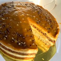 Vegan Medovik ("Honey" cake) with sea ​​buckthorn caramel at Gluten-free Bakery in Yerevan
