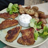 Seitan mit Kartoffelspalten und Mayonnaise at Bojtorina Vegan Kitchen in Sopron