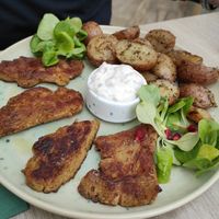 Seitan mit Kartoffelspalten und Mayonnaise at Bojtorina Vegan Kitchen in Sopron