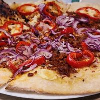 Hungarian pizza. The BEST! at Bojtorina Vegan Kitchen in Sopron