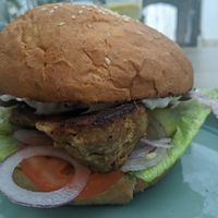 Seitan burger at Bojtorina Vegan Kitchen in Sopron