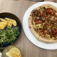 Polenta and Hungarian pizza  at Bojtorina Vegan Kitchen in Sopron