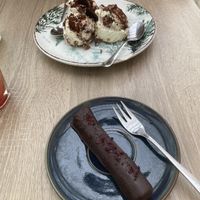 Tiramisu and curd chocolate dessert  at Bojtorina Vegan Kitchen in Sopron