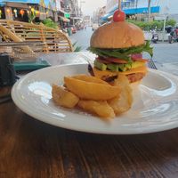 Nice burger not many chips at Heaven Burger in Chiang Rai