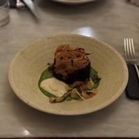 Grilled mushroom.  Smoked potato pie.  Butterbean.  Leek.  Chive emulsion.  at Tendril in London