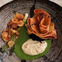 mushroom and smoked potato pie, butter bean purée, chive reductionn  at Tendril in London