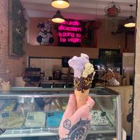 pistachio and violet icreame on chocolate cone.  at Madonna Vegan in Barcelona