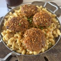 Mac & cheese with vegan meatballs   at Wat Bong in Siem Reap