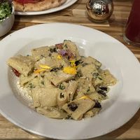 Rigatoni with artichoke cream sauce, eggplant, sun dried tomatoes.   at Lilla in Portland