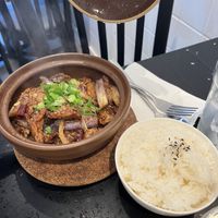 Eggplant chick’n in a clay pot with rice  at Viet Family - The Vegan House in Vancouver