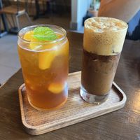 Peach tea and shaken coffee  at Viet Family - The Vegan House in Vancouver