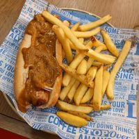 Vegan hot dog with curry sauce & fries, with strawberry smoothie at Bob & Berts in Dumfries