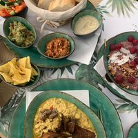 Breakfast with tofu omelette, various dips with bread and vegetable  at Yes It Is Vegan II - Liszt Ferenc Tér in Budapest