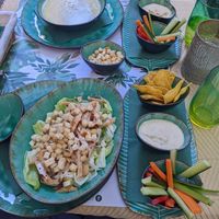 Garlic soup, Caesar salad, and appetizers at Yes It Is Vegan II - Liszt Ferenc Tér in Budapest