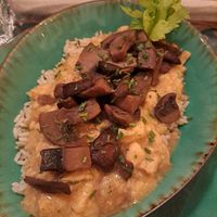 Mushrooms with almost chicken on rice at Yes It Is Vegan II - Liszt Ferenc Tér in Budapest
