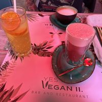 Passionfruit lemonade, Contado and a beetroot latte  at Yes It Is Vegan II - Liszt Ferenc Tér in Budapest