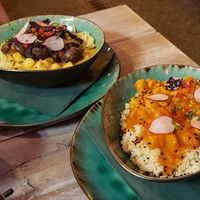 Mushrooms with spaghetti, paprikash with couscous at Yes It Is Vegan II - Liszt Ferenc Tér in Budapest