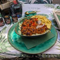 Chili Sin Carne with Bow Pasta (plus Hungarian Chili sauces) at Yes It Is Vegan II - Liszt Ferenc Tér in Budapest