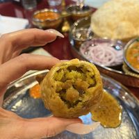 Yummy vegan samosa with potato, beans and greens at Indian Mehak Restaurant & Bar in Yerevan