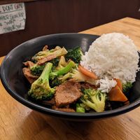 Broccoli stir fry with fake beef at Sipz Fusion Cafe - North Park in San Diego