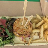 Ramen hamburger at Athens Vegan Burgers in Athens