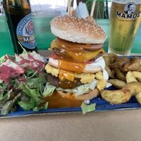 Mac & cheese burger with salad, fried potatoes & a beer  at Athens Vegan Burgers in Athens