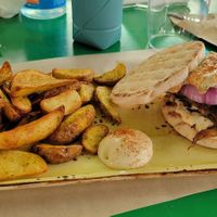Gyro burger w fries at Athens Vegan Burgers in Athens