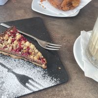 Latte di soia and chocolate tartt  at T-Bakery in Bergamo
