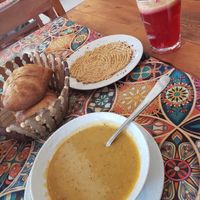 Lentil soup,  hummus,  pomegranate juice at Cafe Şafak in Nevsehir