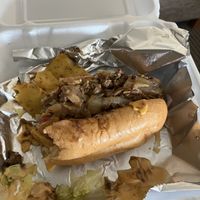 This cheesesteak was spilling all over the place. Good bread and meat for cheesesteak though and tasted a lot like the real thing.   at Mr. Veg'n in Houston