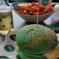 Future burger, sweet potato fries, elderflower soda at Mr. Vegan Foodbar in Apeldoorn