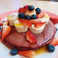 'The Blue Magic Deluxe' with banana, strawberries, blueberries & maple syrup (13.50€) at Moak Pancakes - Pijp in Amsterdam