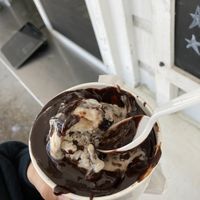 Vegan Oreo + cookie dough + hot fudge  at Erikson's Ice Cream in Maynard