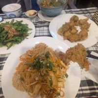 Pad Thai, chickpea curry, morning glory, tempura broccoli at Ken Vegetarian and Coffee in Hoi An