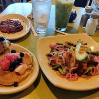 Soyrizo, vegan pancake, and sweet potato/avocado dish at Snooze - Heights in Houston