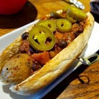 Vegan sausage dog with vegan chili at Franktuary in Pittsburgh