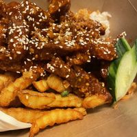 Mock chicken salt and pepper chips rice box   at Salt & Pepper in Manchester