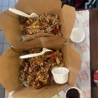 2x vegan salt and pepper mock chicken boxes with chips and rice  at Salt & Pepper in Manchester