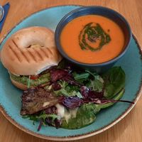 Hummus bagel and red pepper, tomato & chilli soup at Ocho in Inveraray
