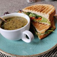 Mushroom &lentil soup with sandwich at Ocho in Inveraray