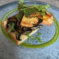 Vegan Smoked Tofu with Kale Pesto and mushrooms. Superb  at Ocho in Inveraray