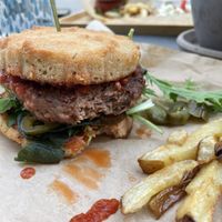 Vegan burger and bun, chips   at streat in Pecs