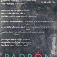 Menu as of October 23, 2022 at Padrón in Oakland