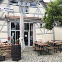 Außenbereich mit Blick ins Innere  at Stiftsscheuer Gasthausbrauerei in Kirchheim Unter Teck