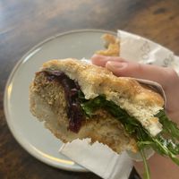 Vegan sausage and caramelised onion focacciaa  at Artisan Roast in Edinburgh