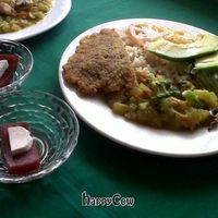 Saturday lunch with vegetable protein patty, curried vegetables, salad and rice, bocadillo with cheese for dessert. at El Champinon in Pereira