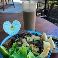 Cao Lau and a cacao, banana and peanut butter smoothie  at Chickpea Eatery Thuan Chay in Hoi An